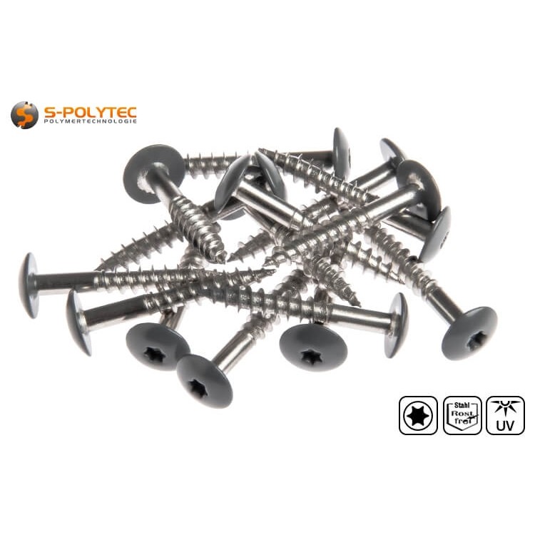 The dark grey screws for HPL panels in Steel Grey are made of A4 stainless steel