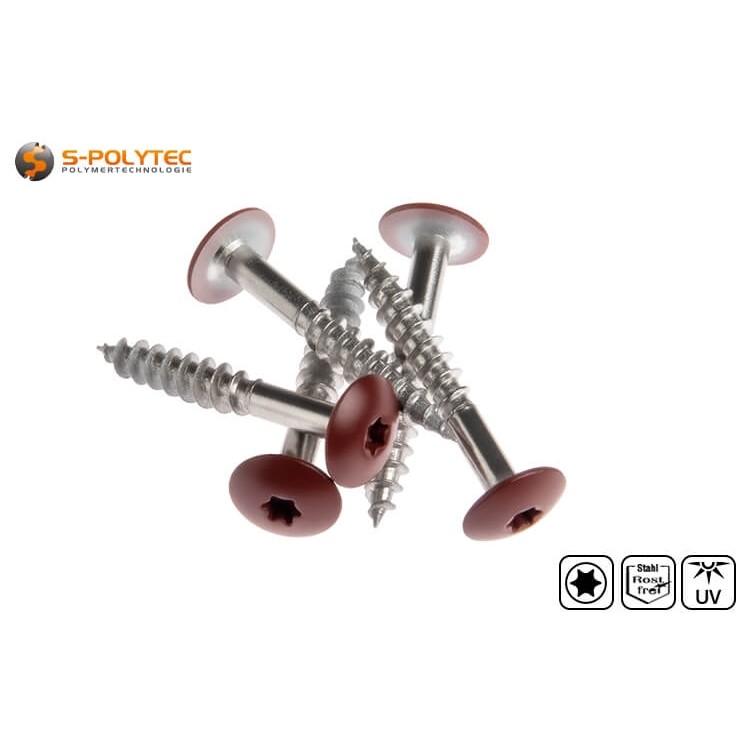 Facade screws according to DIN EN 14952 for Trespa® Meteon® FR HPL panels in Wine Red (A12.6.3) with satin finish	