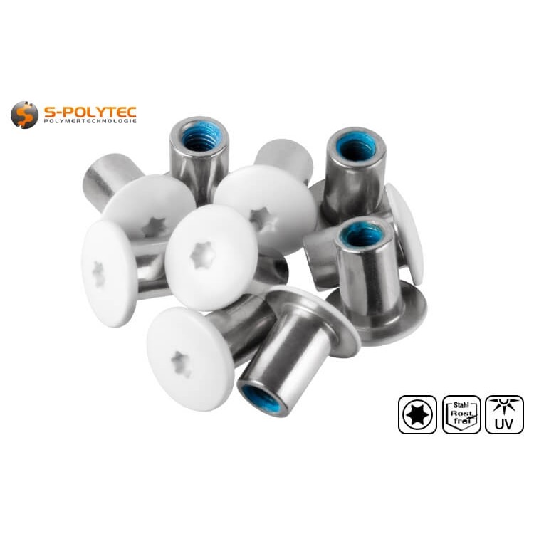 Stainless steel threaded sleeve for balcony screws with UV-resistant head coating in pure white (RAL9010).