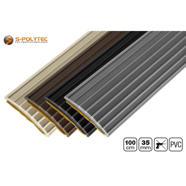 The self-adhesive floor profiles made of soft PVC are available in black, brown, grey or beige
