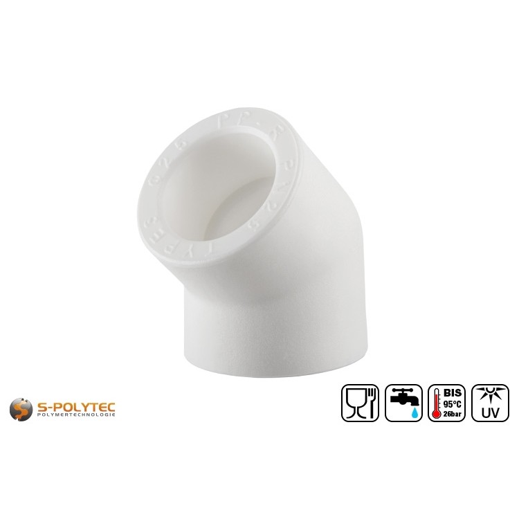 The Aqua-Plus PP-R elbow 45° DN20 in white is suitable for diagonally changing the direction of a PP-R pipe with an outer diameter of 20mm