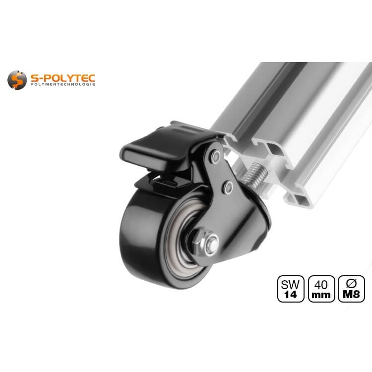 Installed swivel castor on an aluminium construction profile