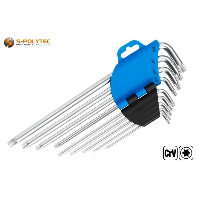 The hinged tool holder with printed size information allows easy removal of the Torx spanners