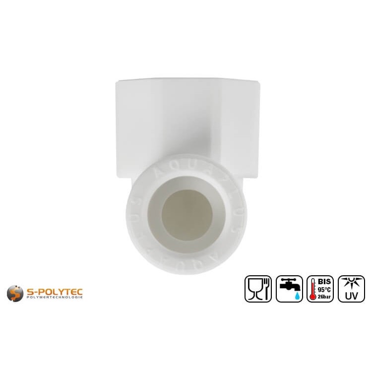 We offer the white PPR 90° elbow coupling in sizes DN20, DN25 and DN32 and coupling with female thread from 1/2 inch to 1 inch