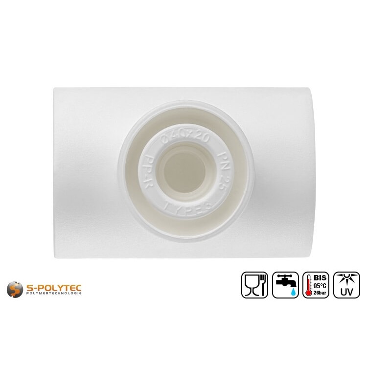 Aqua-Plus PP-R T-reducers in white for pipe connection and branching of PP-R pipes of different diameters