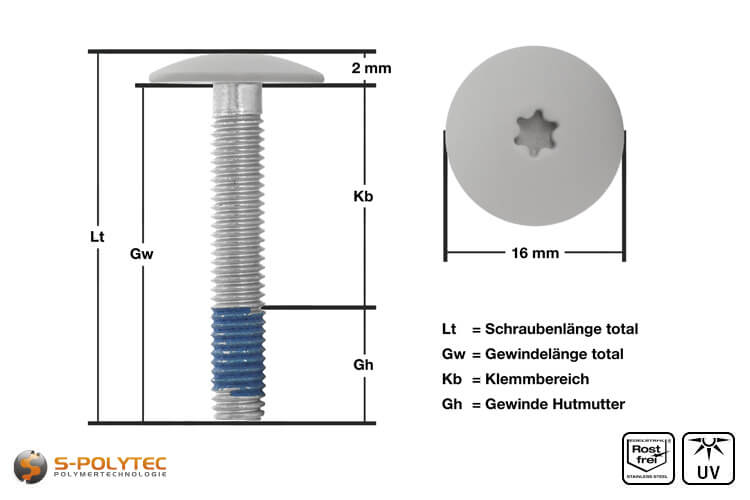 View of measurements of our balcony screw with light grey screw head