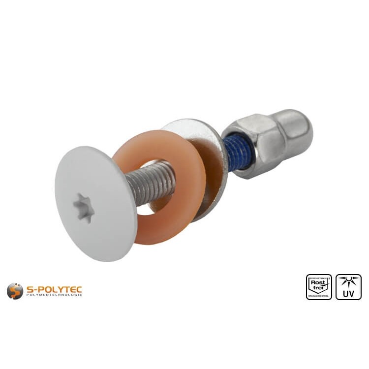 Light grey (RAL 7035) stainless steel balcony screw with metric M5 thread