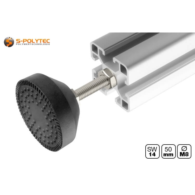 Installed levelling foot on an aluminium construction profile