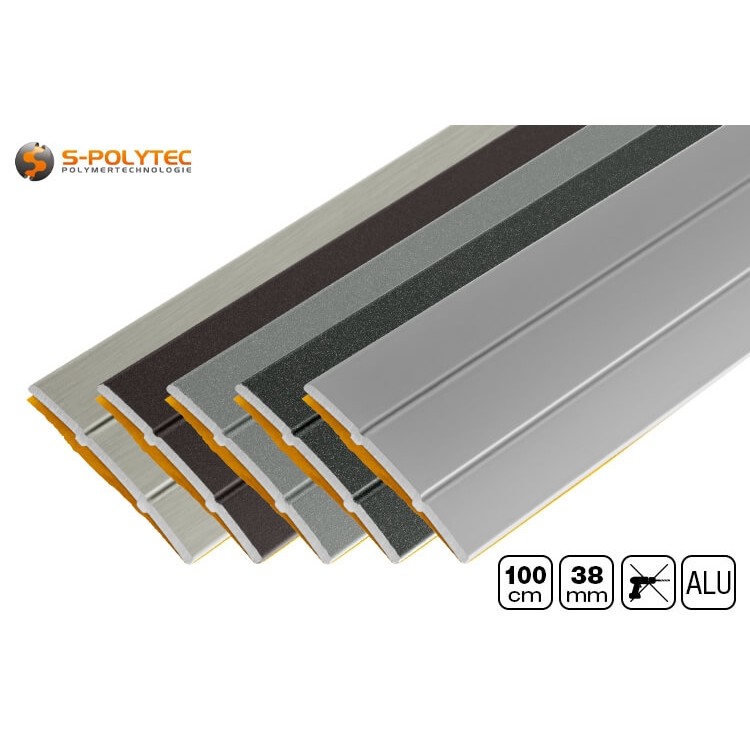 The flat aluminium floor profile in 38mm width is available in silver, brushed stainless steel, anthracite metallic, grey metallic and bronze metallic
