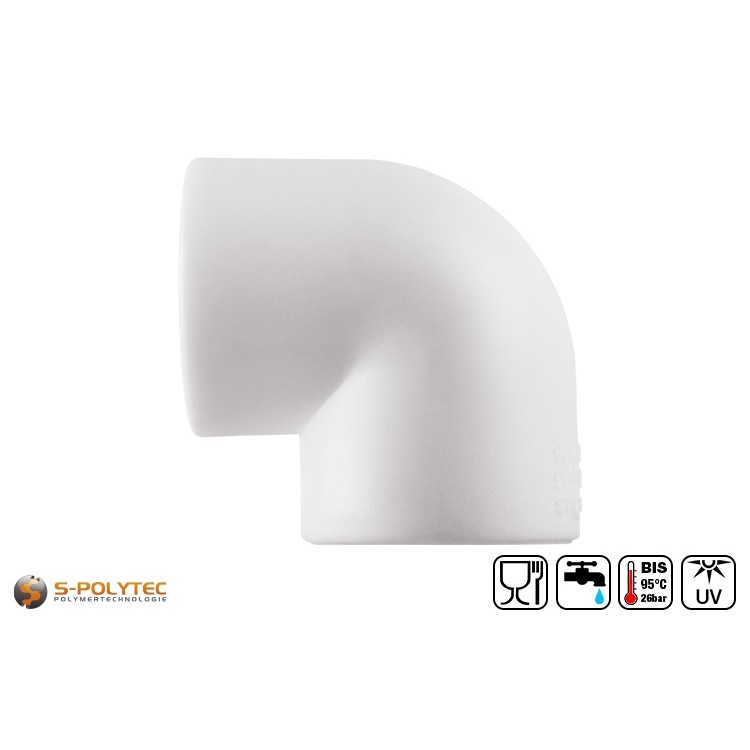 We offer the white PPR 90° elbows in sizes DN20, DN25, DN32 and DN40 for pipes with the same diameter