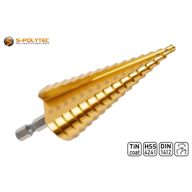 The high-quality step drills made of HSS steel create precise holes in 15 steps from 4mm to 32mm in diameter