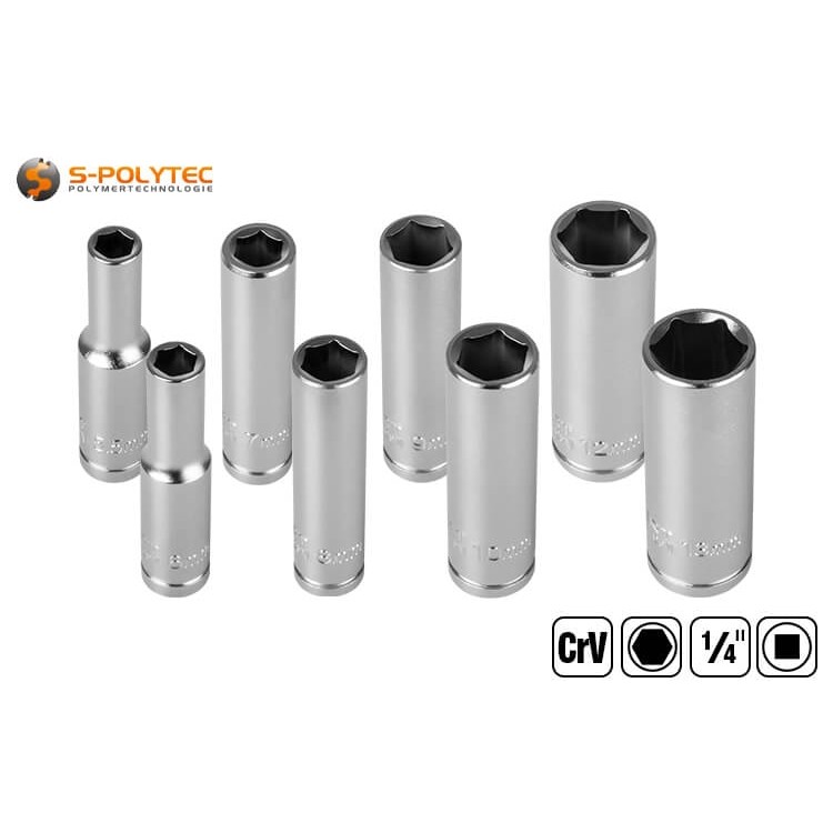 The socket set with 1/4 inch drive contains sockets in the sizes 5.5mm, 6mm, 7mm, 8mm, 9mm, 10mm, 12mm and 13mm