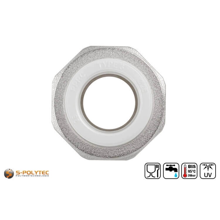 Aqua-Plus PP-R screw coupling for PP-R pipes in various sizes with screwable male thread made of brass.