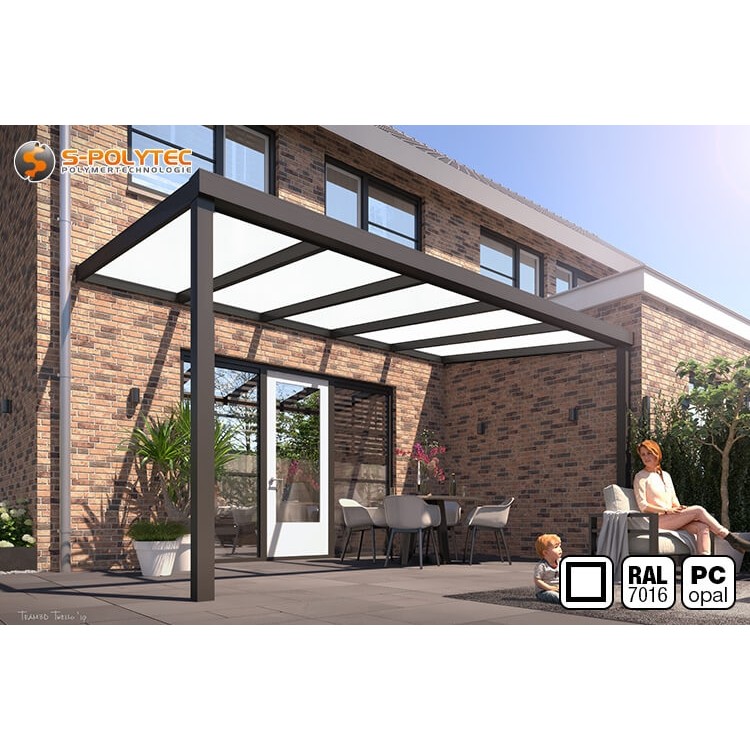 The square terrace roof made to measure in anthracite with 16 mm polycarbonate twin-wall sheet in frosted glass look