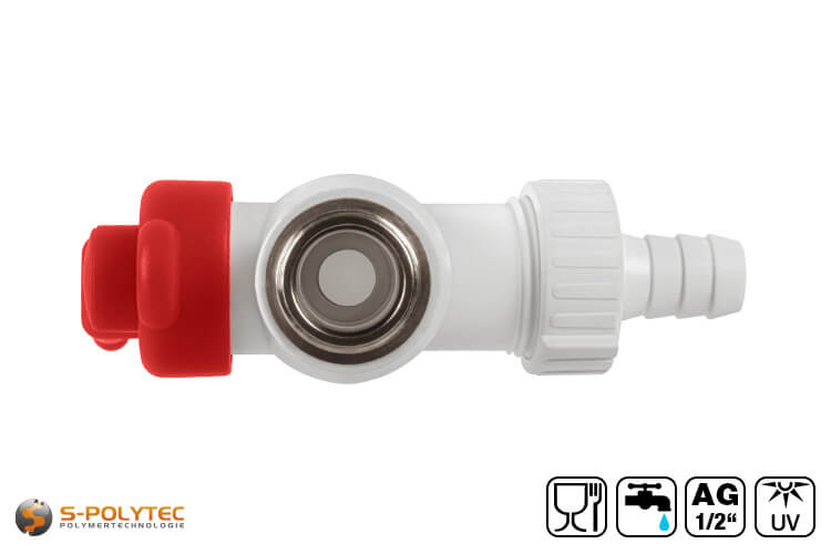 The white Aqua-Plus PP-R spout tap features a screw-on hose connection