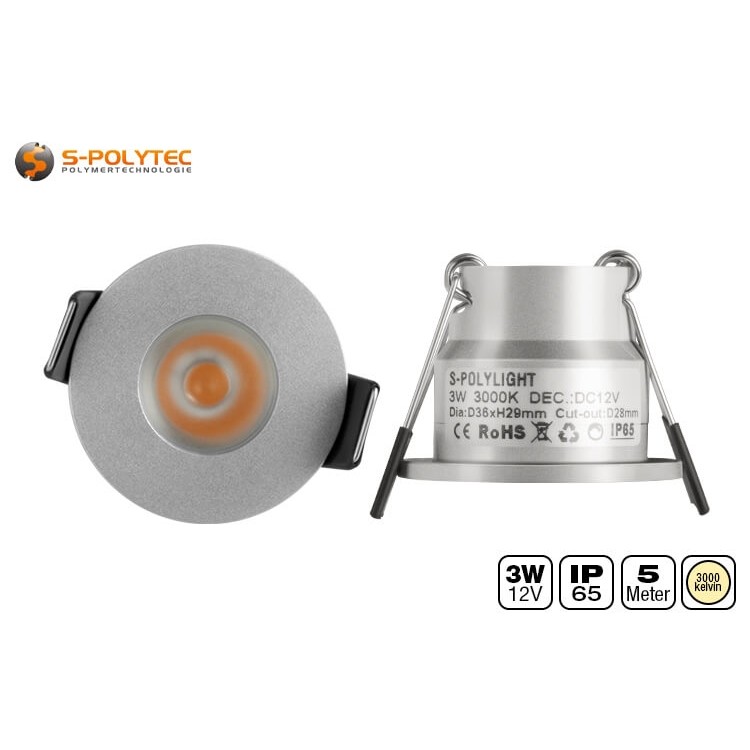 The silver Ø36mm LED spotlights require an installation diameter of 28mm and an installation depth of just 26mm