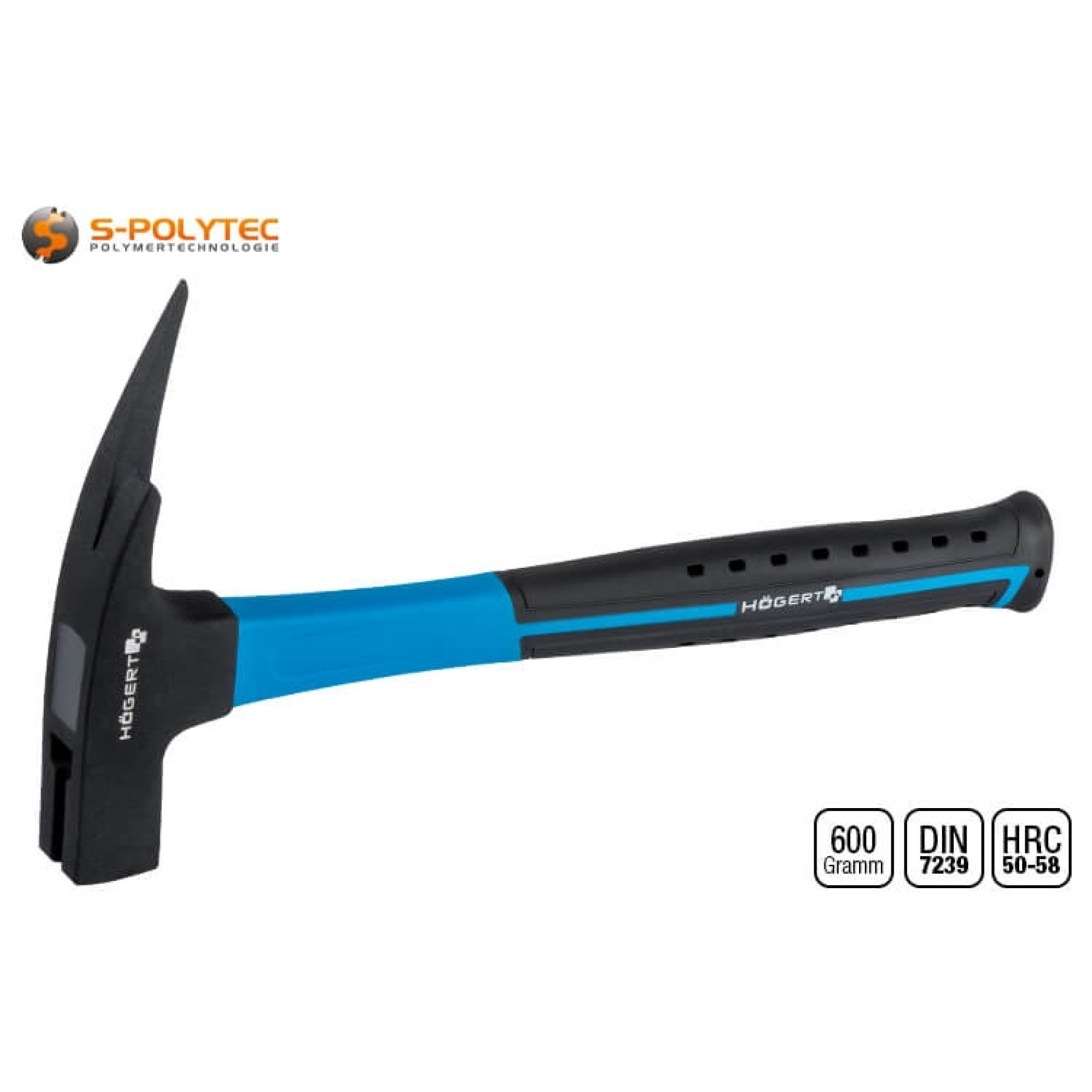 The batten hammer with vibration-damping fibreglass handle has an ergonomic, non-slip grip