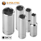 Hexagon socket spanner with 3/8 inch square drive in various widths across flats from 8mm to 21mm in long version