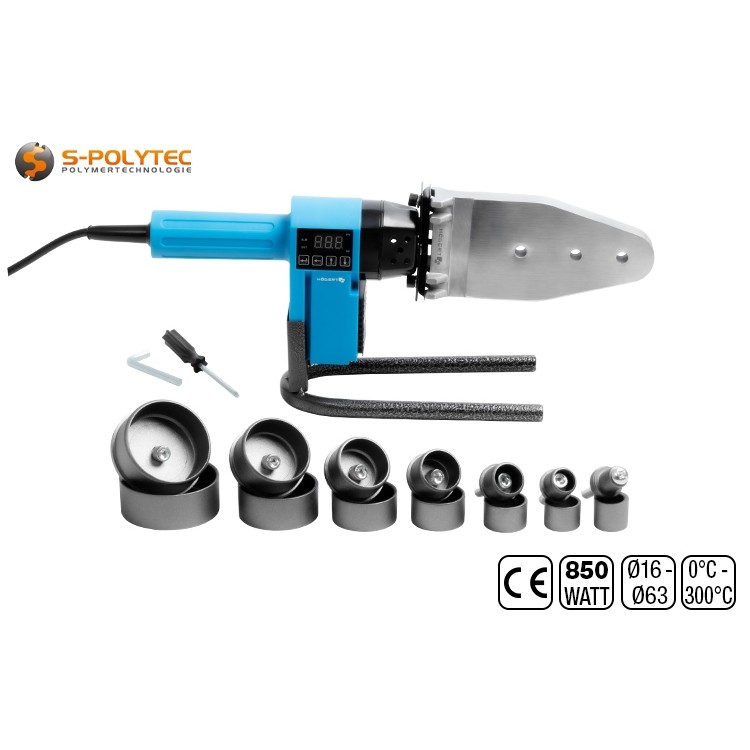 The Högert socket welding machine in a case contains pipe adapters in sizes DN16, DN20, DN25, DN32, DN40, DN50, and DN63