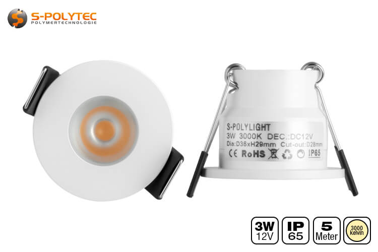 The white Ø36mm spots with compact aluminium housing have an installation diameter of 28mm and a depth of 29mm