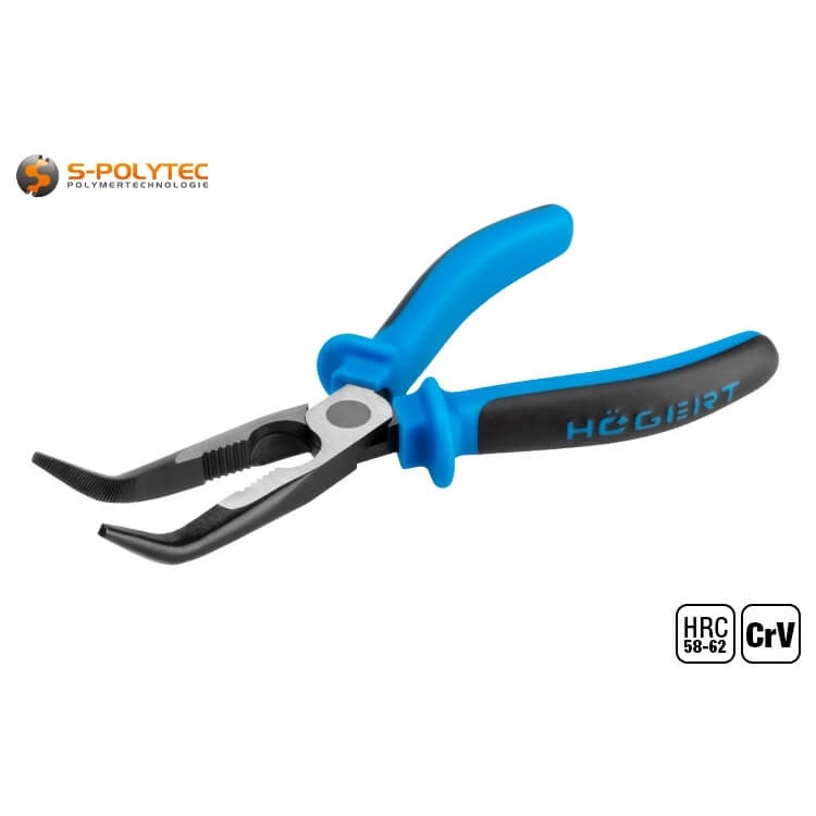 The curved needle nose pliers with tapered tip have an arc angle of approx. 40 degrees