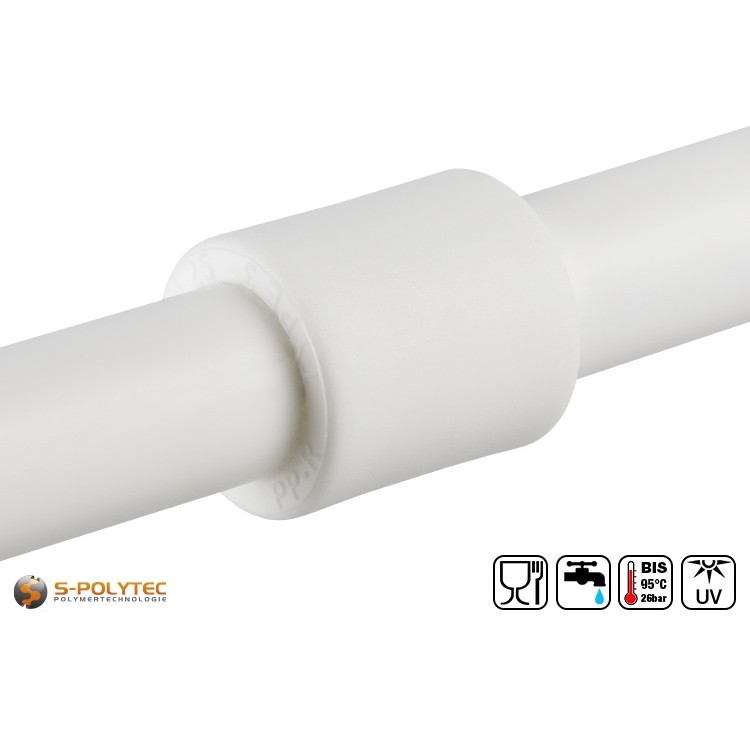 The white Aqua-Plus PP-R joint DN20 is suitable for connecting two pipes made of PP-R with 20mm diameter