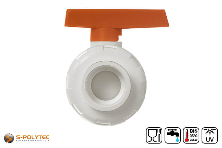 We offer the white PPR ball valves in sizes DN20, DN25, DN32 and DN32 for connecting PP-R pipes with a constant diameter