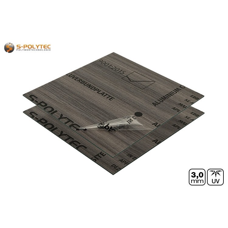 The surface of the aluminium sandwich panels in dark ash wood effect is provided with protective film