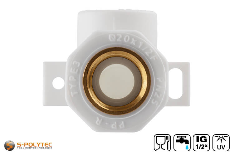 The Aqua-Plus PP-R wall connection angle 90° 20mmx1/2 inch is suitable for PP-R pipes with Ø20mm