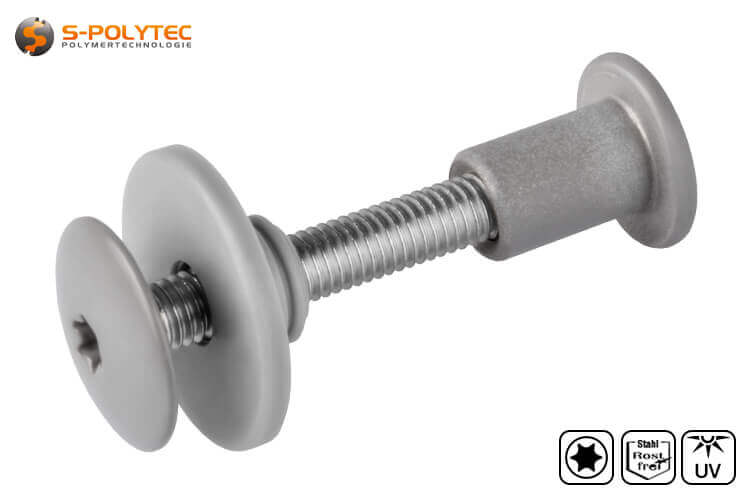 Balcony screw set with threaded sleeve in dusty grey (RAL 7037) in various sizes made of stainless steel.