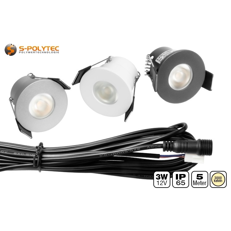 The 3W outdoor LED recessed spotlight in warm white with 3000K is available in anthracite, silver and white