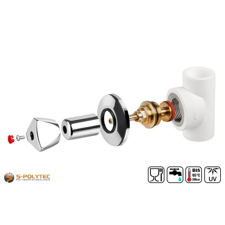 The Aqua-Plus shut-off valve consists of the PP-R fitting, the valve bonnet, chrome covers and bonnet handle