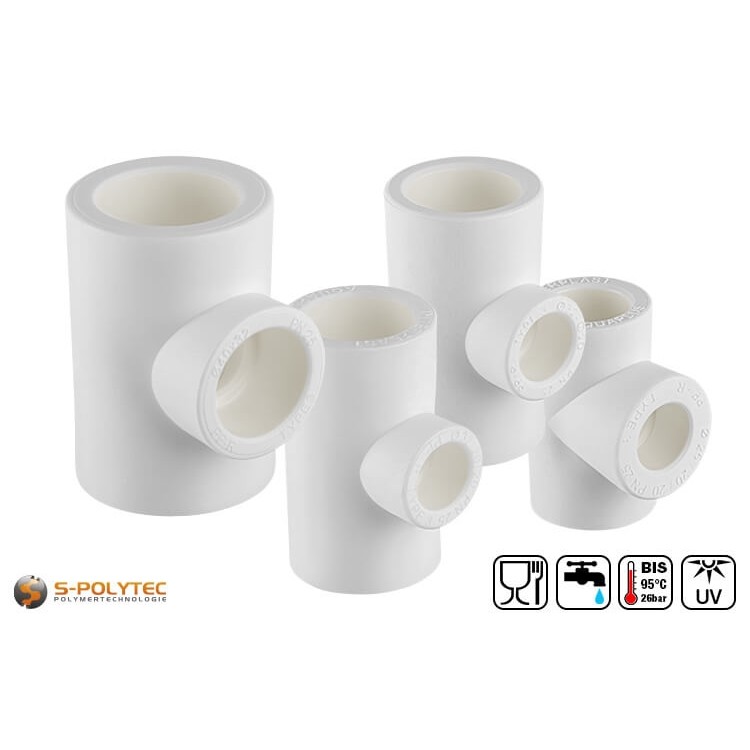 We offer the white PPR T-reducers for pipe branching in all conceivable designs