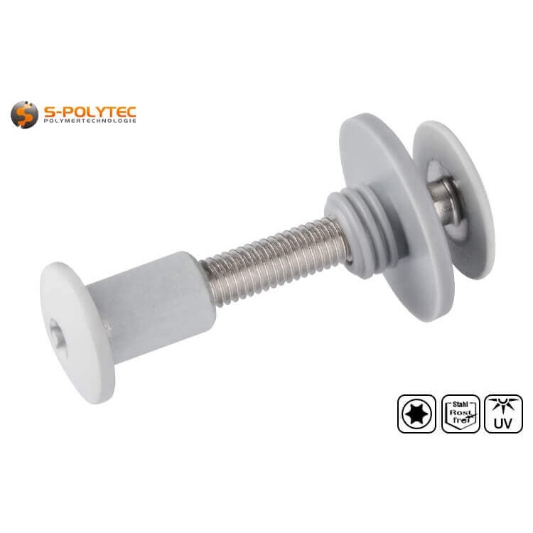 Balcony screw set with threaded sleeve in light grey (RAL 7035) in M5x25mm or M5x30mm made of stainless steel.