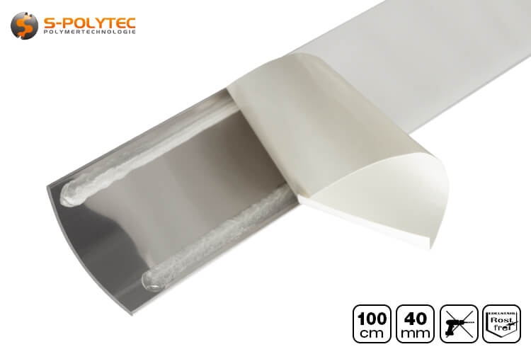 The stainless steel floor profiles are individually shrink-wrapped. The film on the adhesive surfaces is easy to remove
