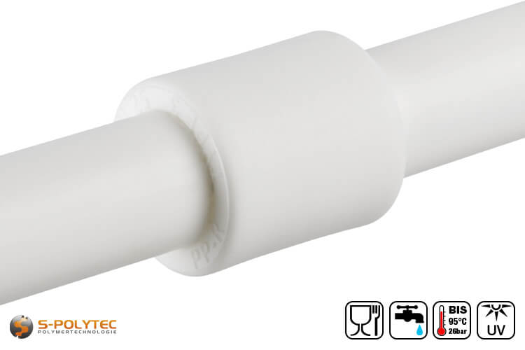The white Aqua-Plus PP-R joint DN20 is suitable for connecting two pipes made of PP-R with 20mm diameter