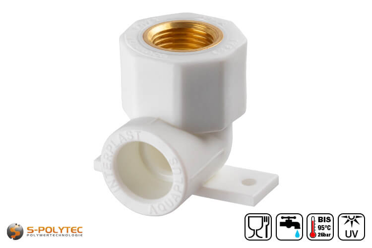 Aqua-Plus PP-R wall connection bracket in white with 1/2 inch internal brass thread	