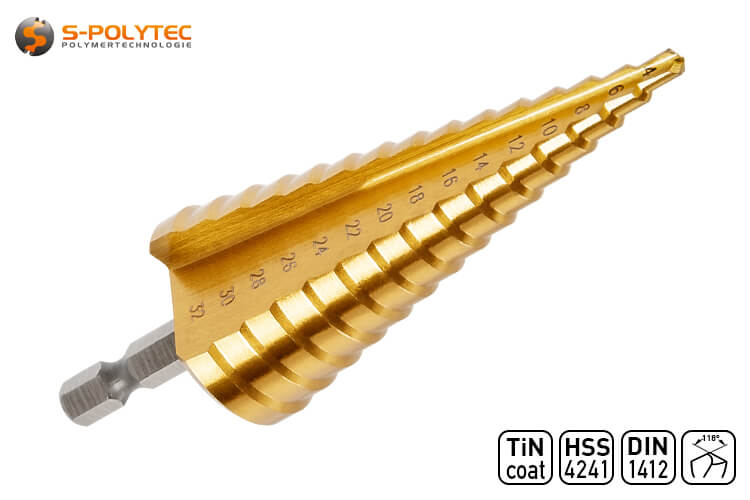 The high-quality step drills made of HSS steel create precise holes in 15 steps from 4mm to 32mm in diameter