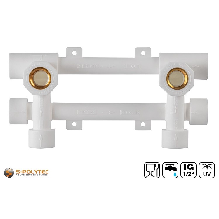 The white PPR wall bracket with a 153mm pitch is used to connect surface-mounted fittings