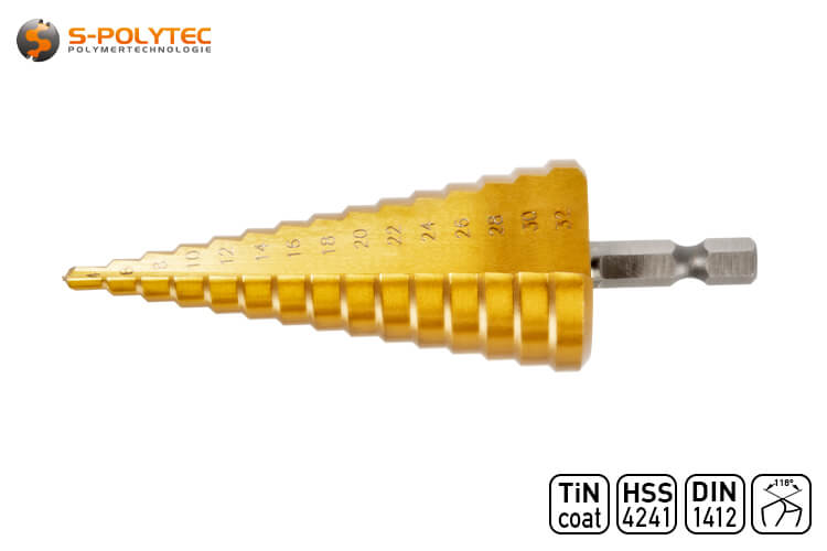 The HSS step drill made of steel has a titanium nitride coating for optimal durability and heat resistance