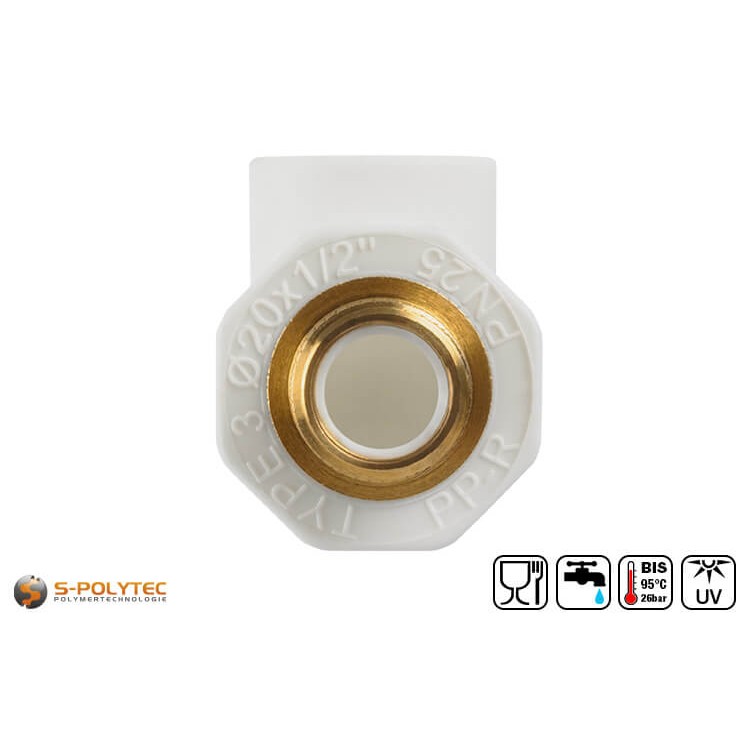 The Aqua-Plus PP-R elbow coupling 90° DN20x1/2 inch male in white for PP-R pipes with Ø20mm and has a 1/2 inch male thread.