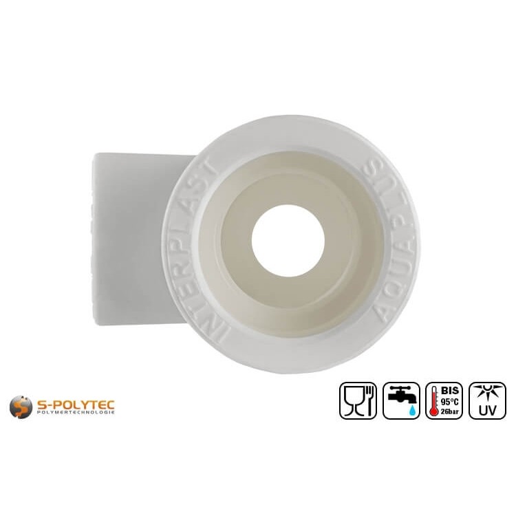 The Aqua-Plus PP-R T-reducer 25/20/20 is suitable for PP-R pipes with Ø25mm and Ø20mm and a branch with Ø20mm