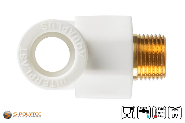 We offer the white PPR T-pieces in sizes DN20, DN25 or DN32 with branching male thread connection