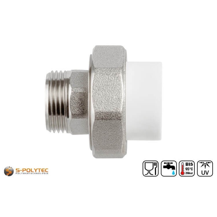 Aqua-Plus PP-R screw coupling in white for PP-R pipes in various sizes with male thread made of brass.