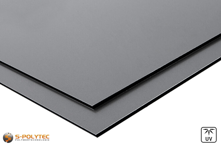 Aluminium composite panels (known as Alu-dibond) in dusty grey in custom cut - detailed view