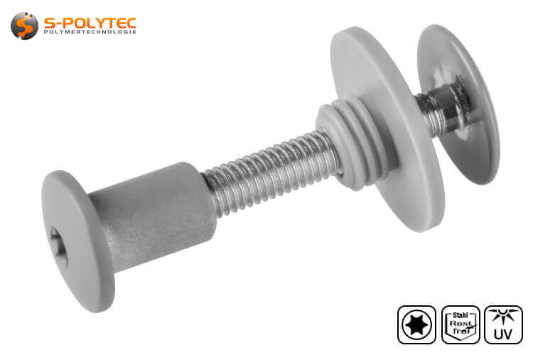 The threaded sleeve of the balcony screw is optionally also available in dusty grey or without head lacquering