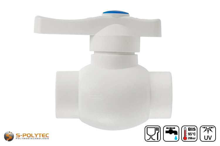 The Aqua-Plus PP-R ball valve for fixed welding connection in white with full bore for loss-free flow.	