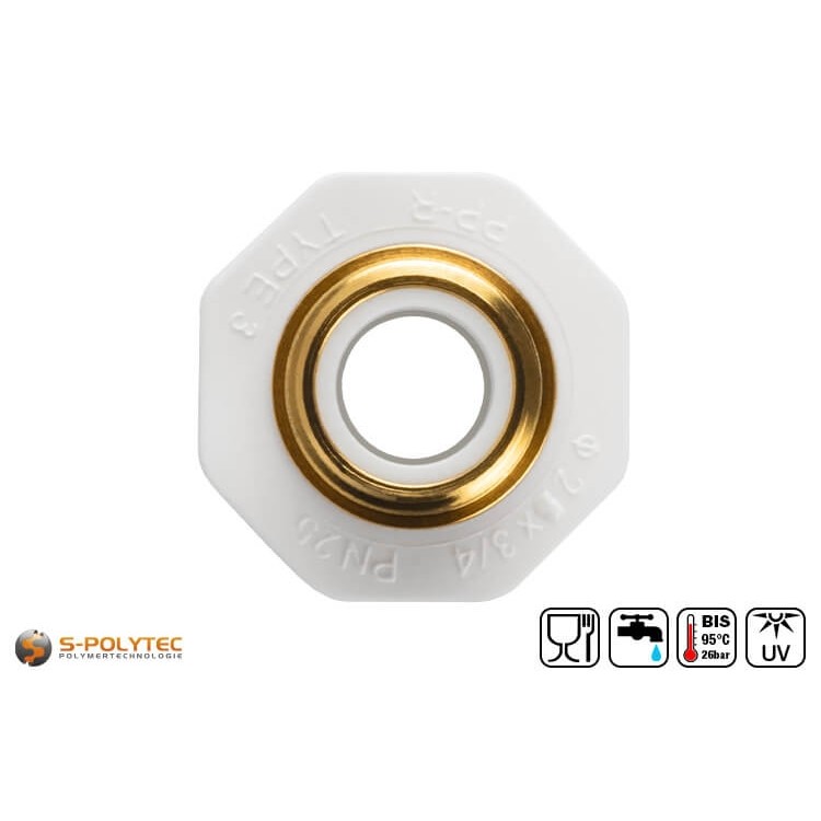 Aqua-Plus PP-R coupling for PP-R pipes in white for PP-R pipes in various sizes with external thread.