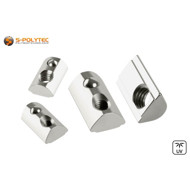 The slot nuts with spring balls are suitable for construction profiles with a slot width of 6 or 8 mm