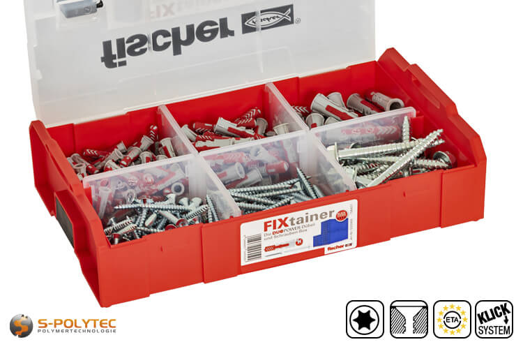 The fischer FIXtainer DuoPower plugs and screws box contains 105 universal plugs SX and screws in three sizes each